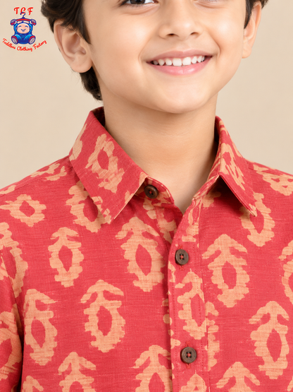 Red & Beige - Boys Readymade Bhatik Shirts