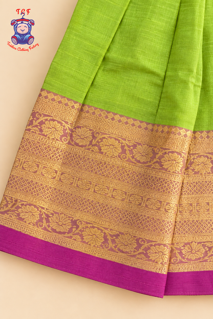 Parrot Green & Pink Border With Gold Butta - Girls Chettinad Pavadai Sattai