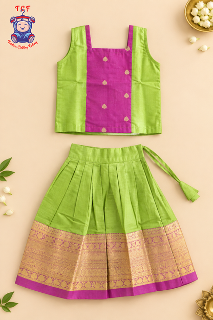 Parrot Green & Pink Border With Gold Butta - Girls Chettinad Pavadai Sattai