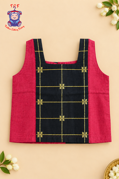 Maroon & Black Border With Gold Zari - Girls Chettinad Pavadai Sattai