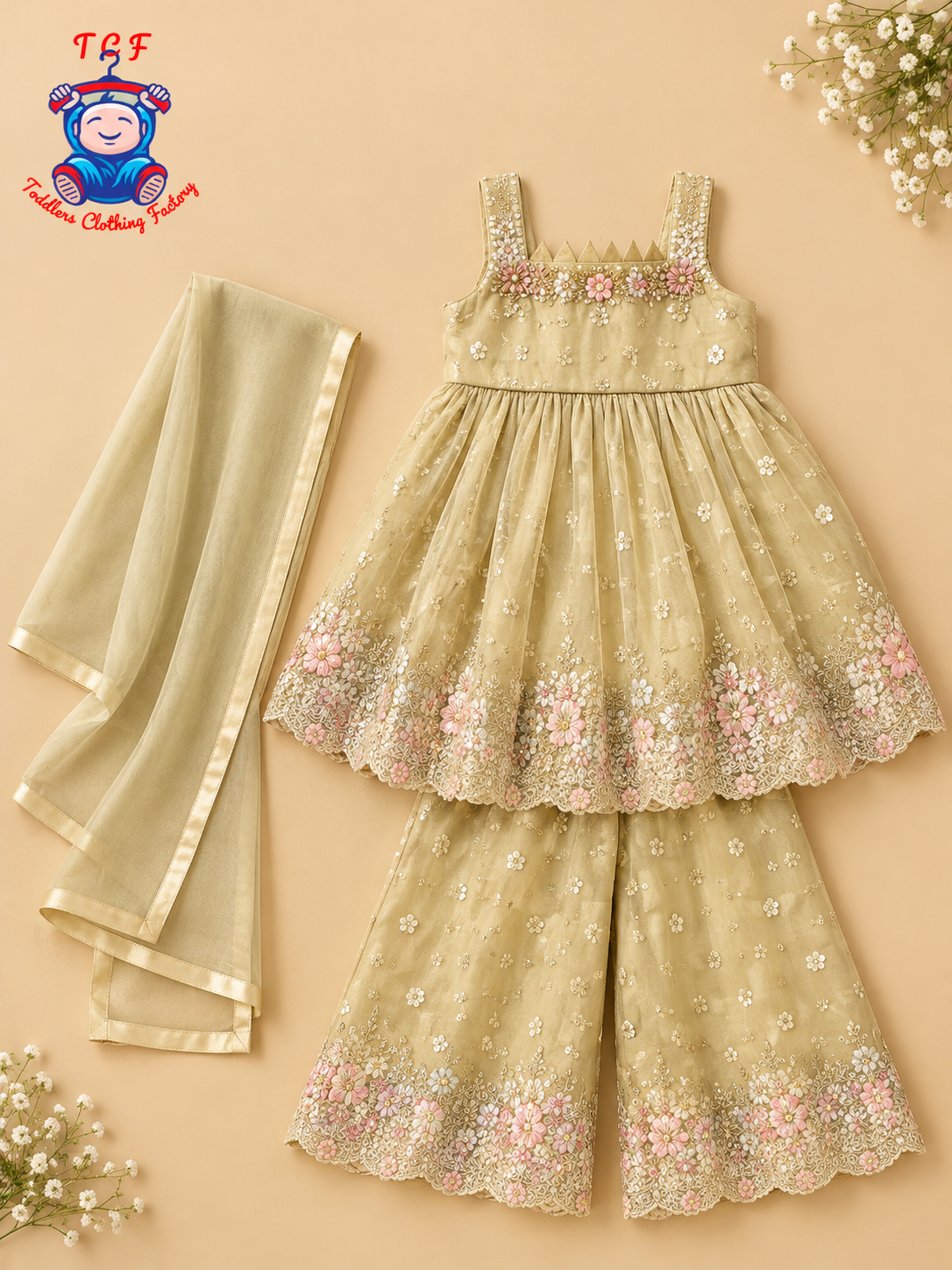 Pastel Mint Green - Embroidered Plazzo Set with Dupatta