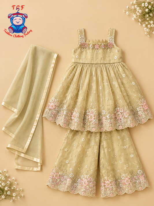 Pastel Mint Green - Embroidered Plazzo Set with Dupatta