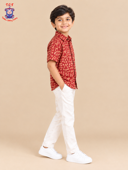 Maroon & Beige - Boys Readymade Bhatik Shirts