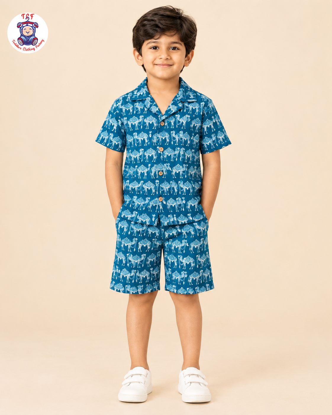 Blue - Boys Camel Printed Spread Collor Shirts & Shorts