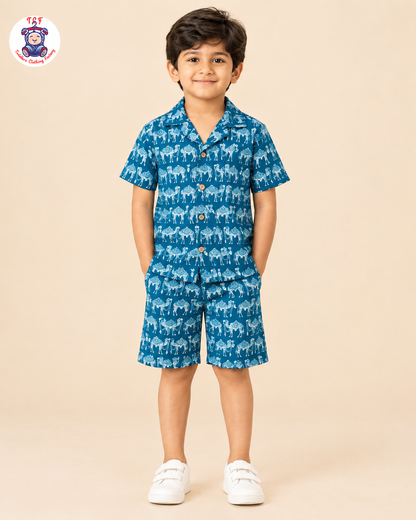 Blue - Boys Camel Printed Spread Collor Shirts & Shorts