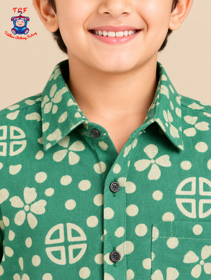 Green & Beige - Boys Readymade Bhatik Shirts
