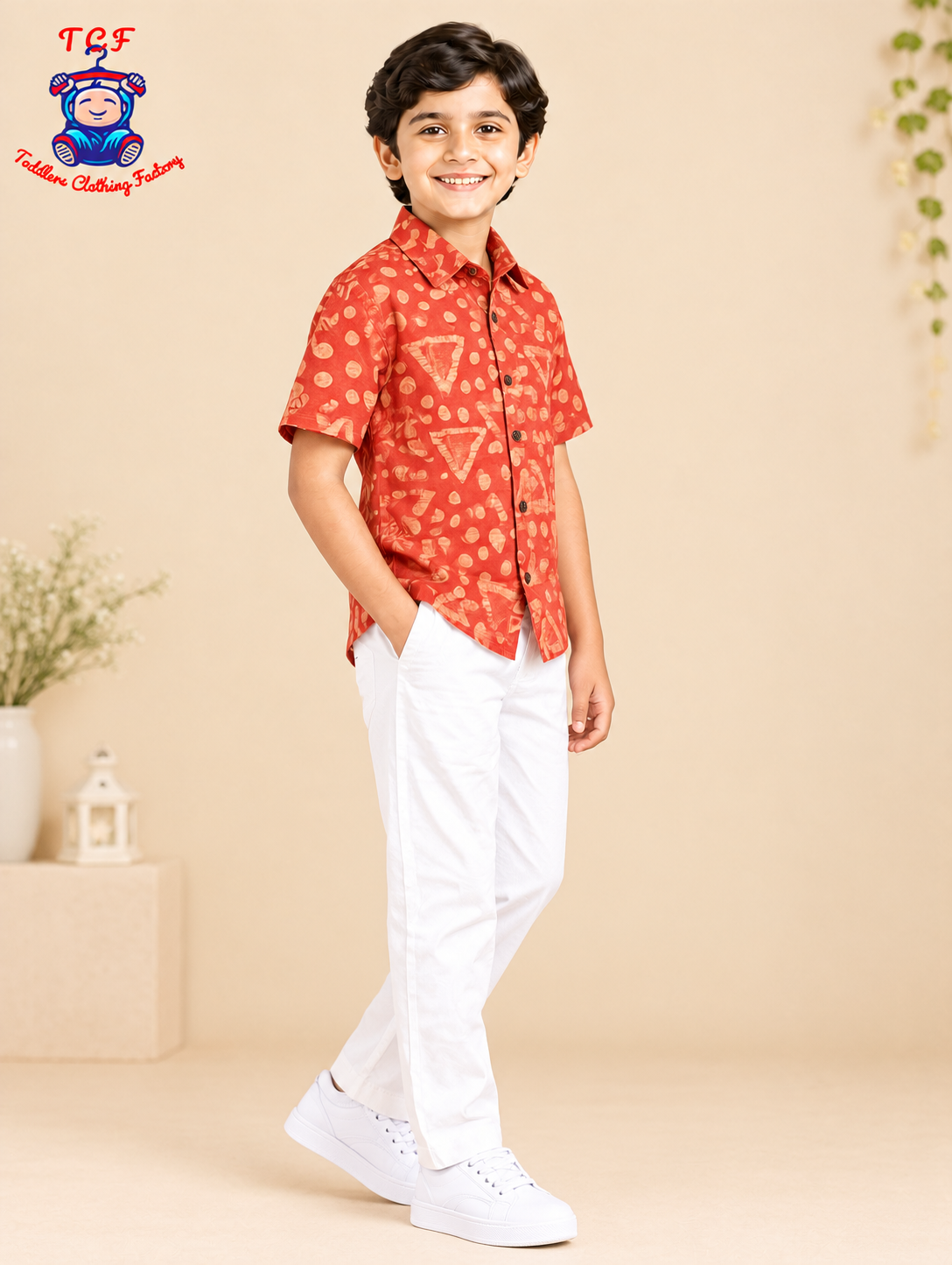 Orange & Beige - Boys Readymade Bhatik Shirts