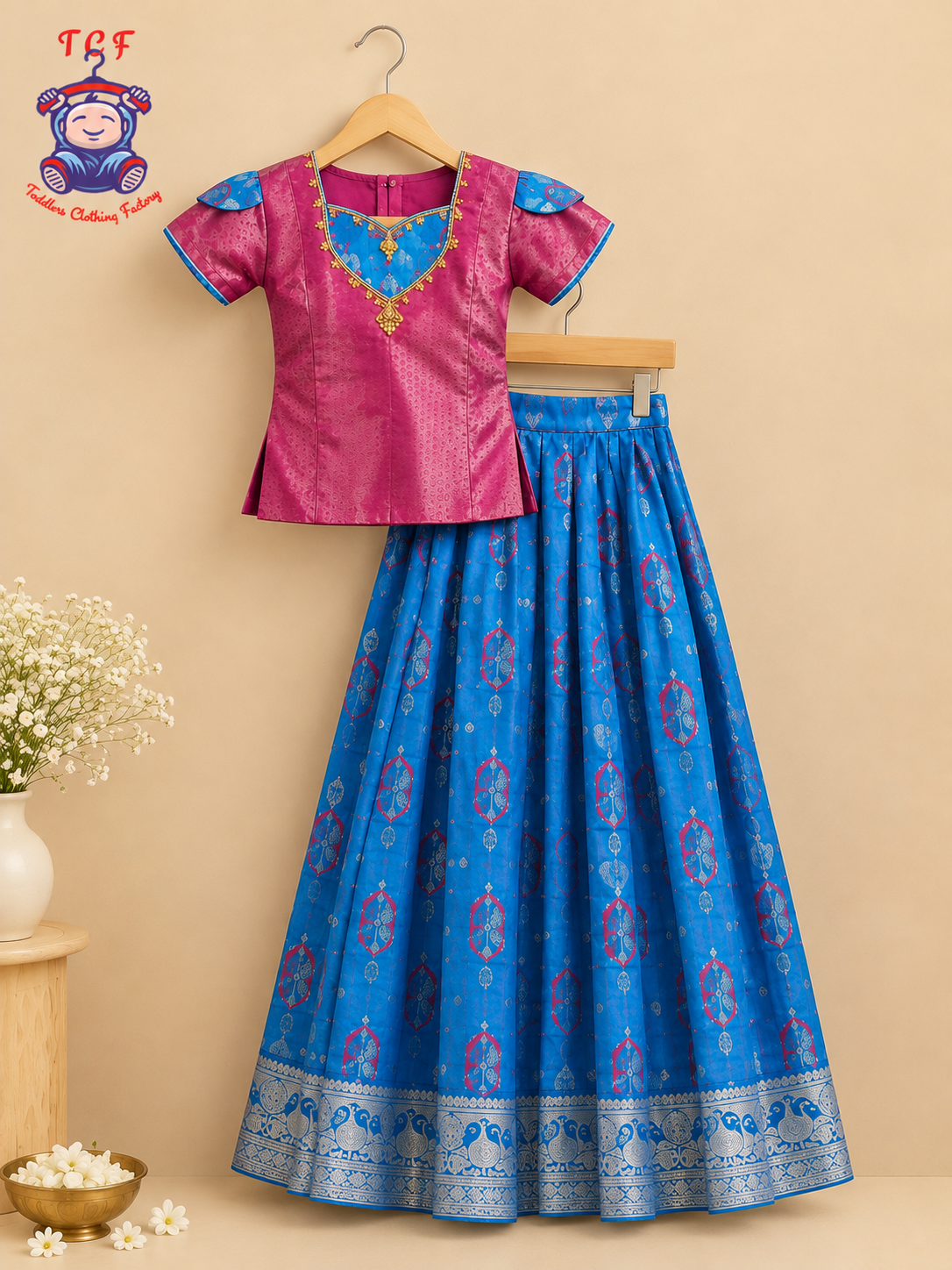 Rani Pink & Sky Blue - Girls Readymade Pavadai Sattai