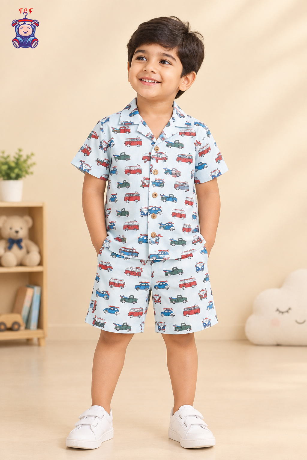Cream - Boys Car Printed Spread Collor Shirts & Shorts