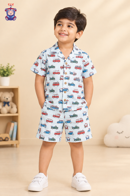 Cream - Boys Car Printed Spread Collor Shirts & Shorts