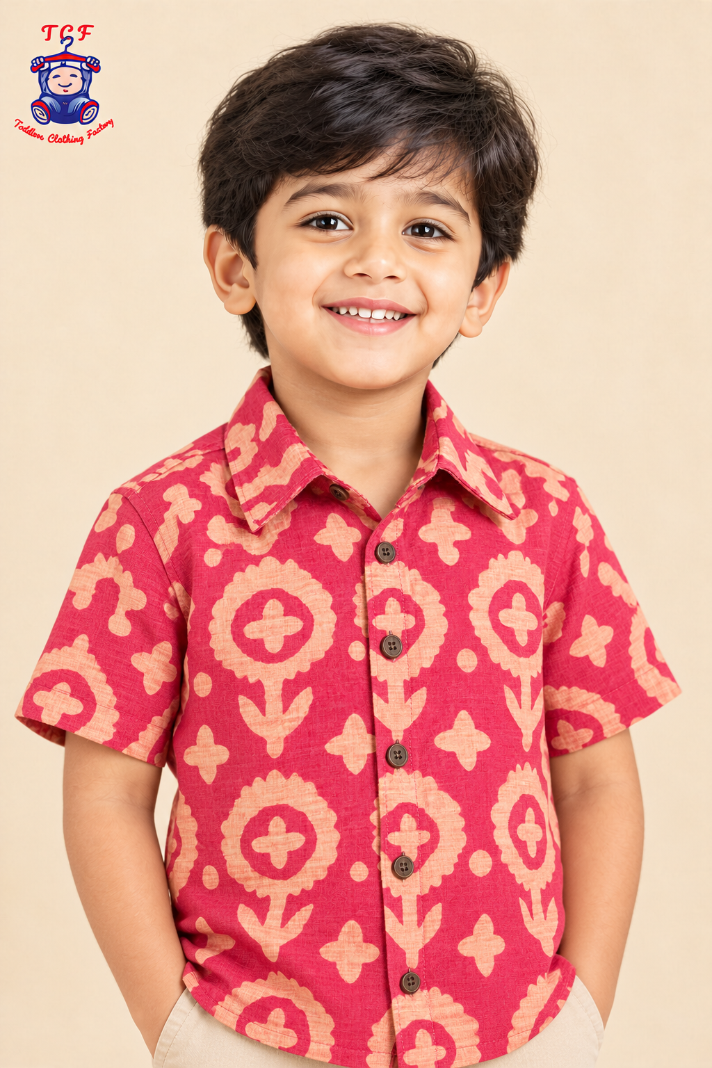 Red & Beige - Boys Readymade Bhatik Shirts