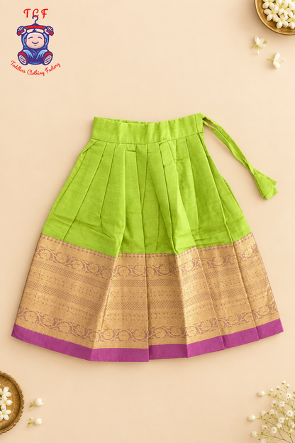Parrot Green & Pink Border With Gold Butta - Girls Chettinad Pavadai Sattai