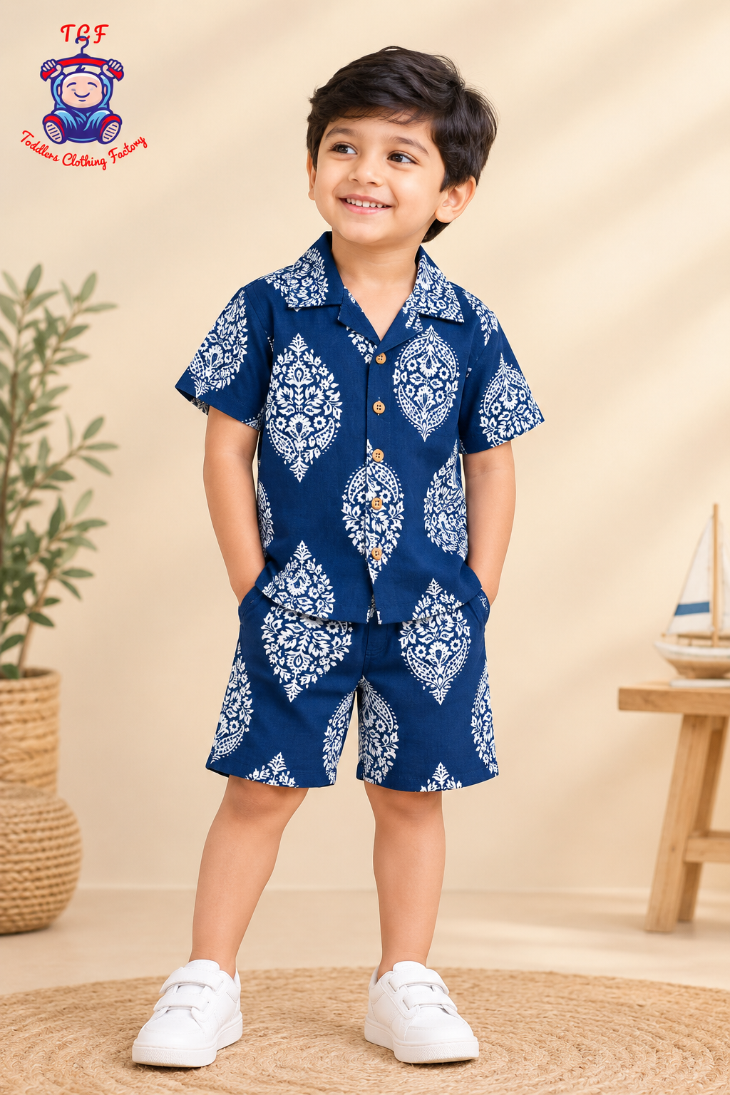 Blue - Boys Ajrakh Printed Spread Collor Shirts & Shorts