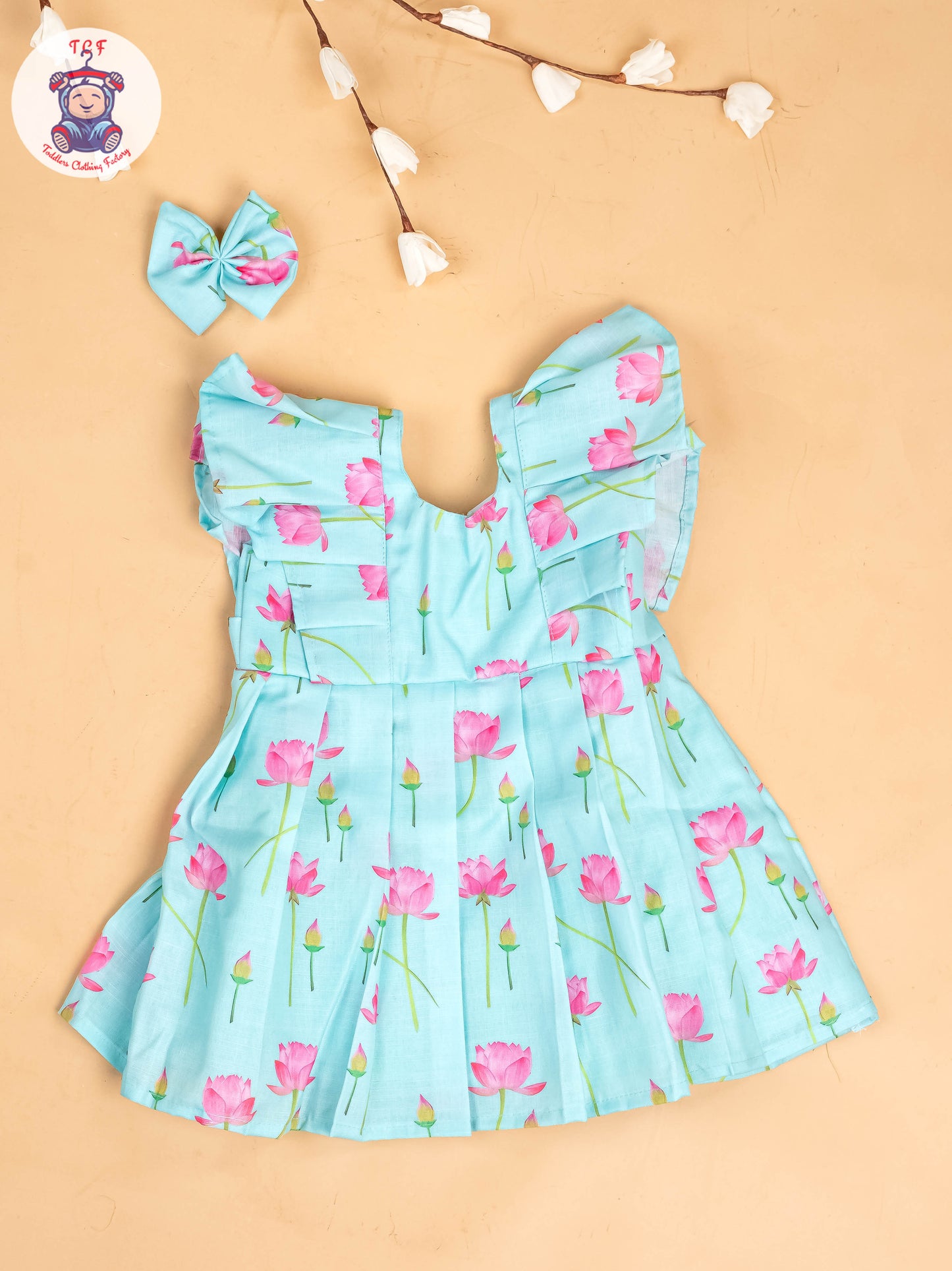 Sky Blue & Pink - Girls Floral Printed Frock With Matching Hair Clip