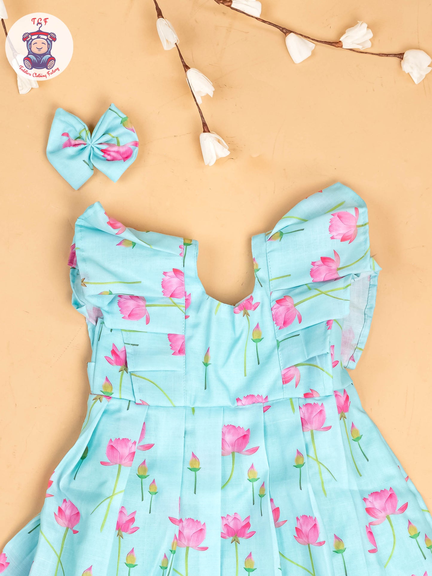 Sky Blue & Pink - Girls Floral Printed Frock With Matching Hair Clip