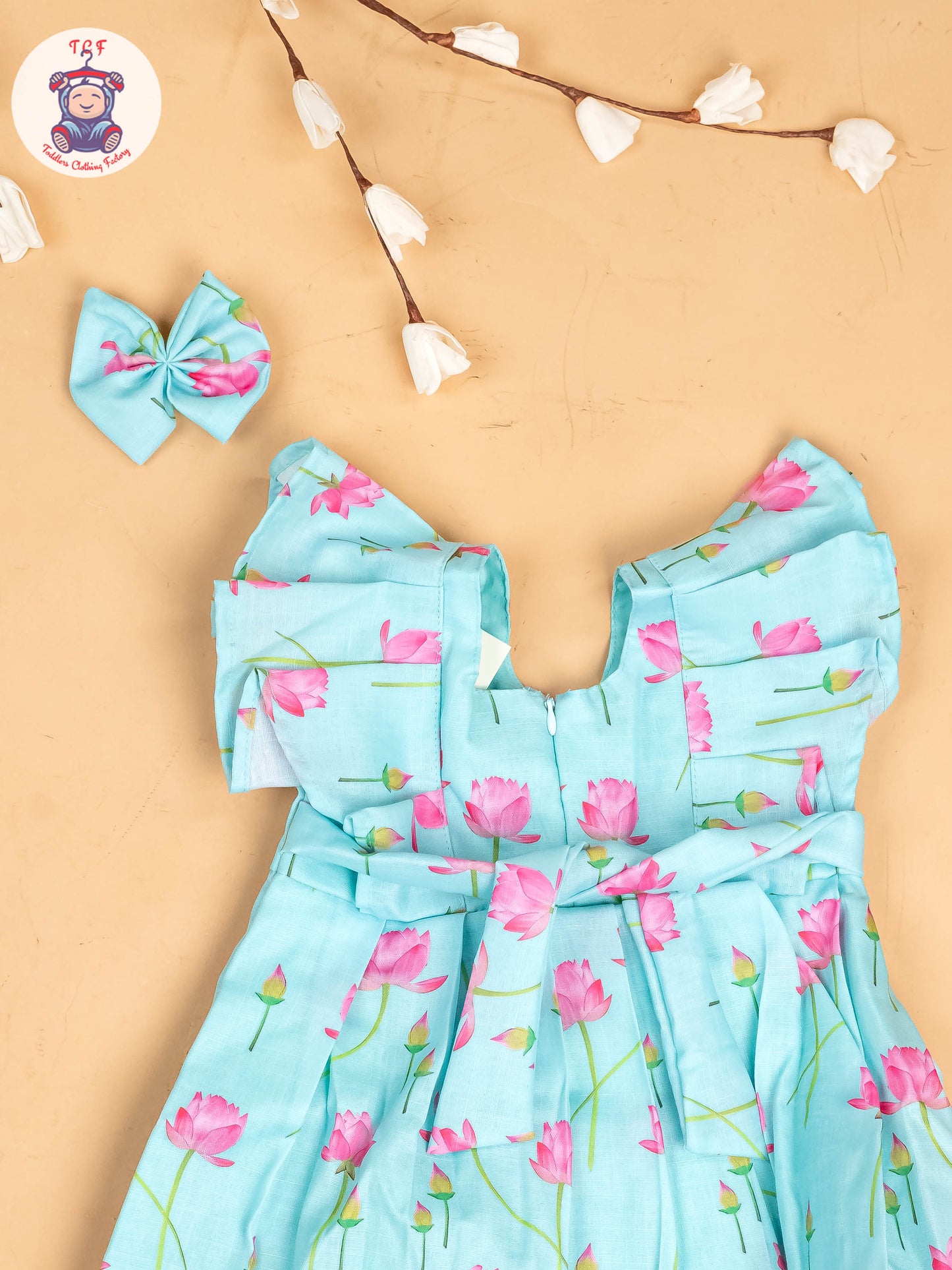 Sky Blue & Pink - Girls Floral Printed Frock With Matching Hair Clip