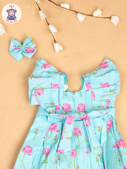 Sky Blue & Pink - Girls Floral Printed Frock With Matching Hair Clip