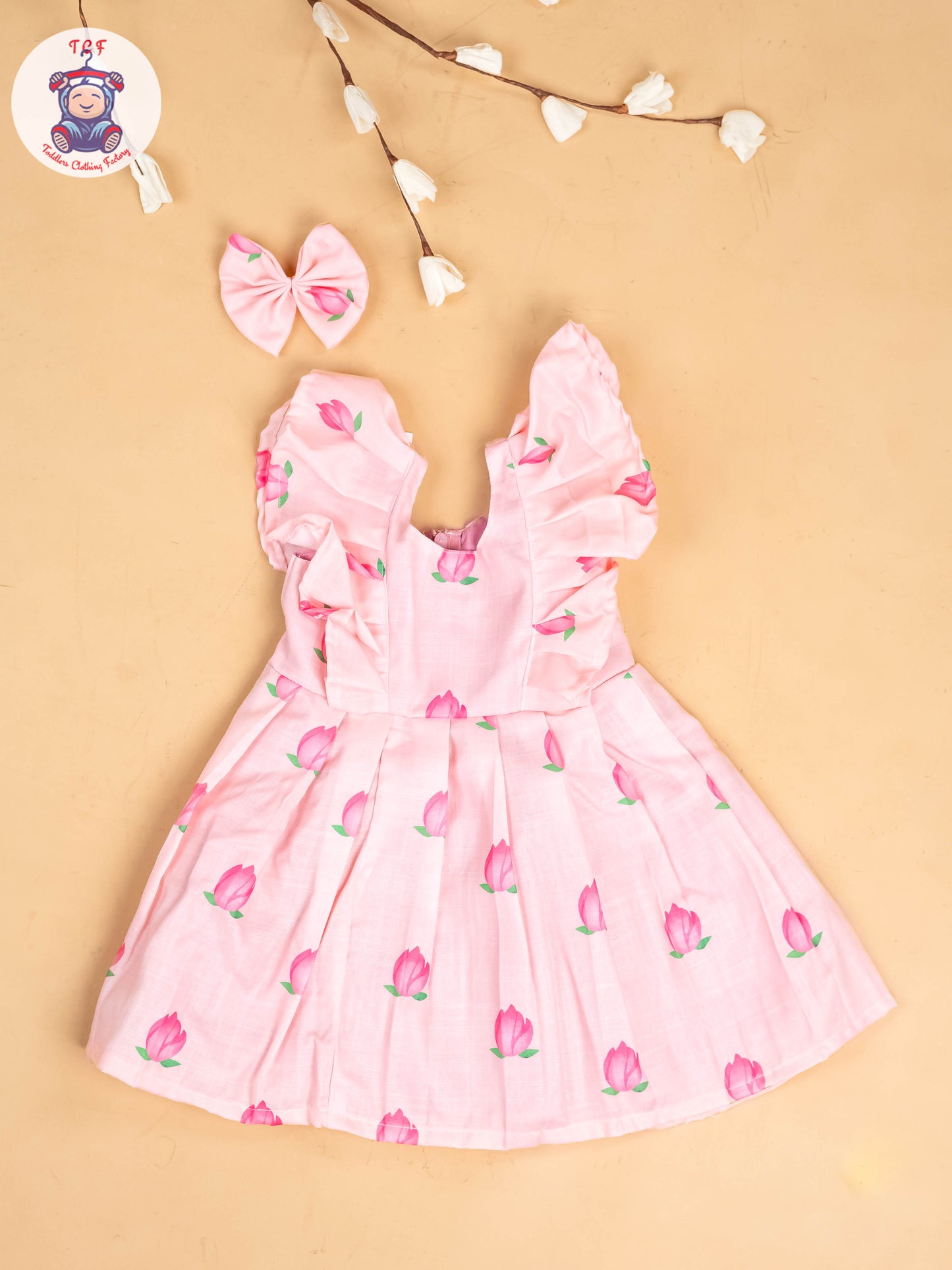 Baby Pink & Pink - Girls Floral Printed Frock With Matching Hair Clip