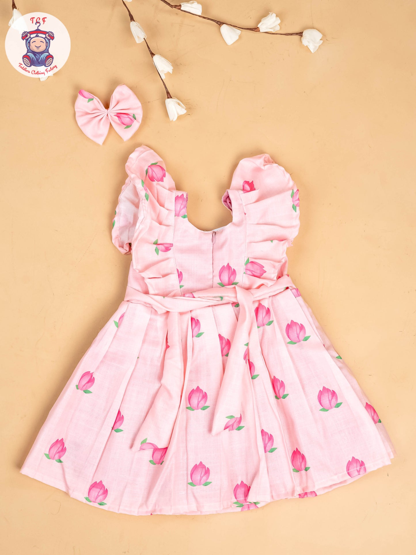 Baby Pink & Pink - Girls Floral Printed Frock With Matching Hair Clip