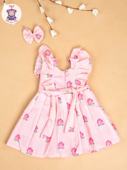 Baby Pink & Pink - Girls Floral Printed Frock With Matching Hair Clip