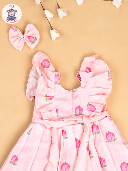 Baby Pink & Pink - Girls Floral Printed Frock With Matching Hair Clip