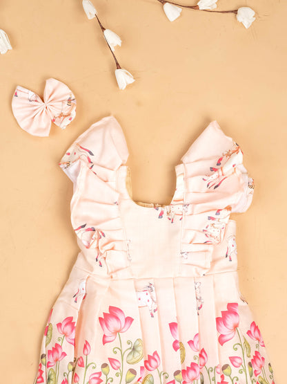Peach -  Girls Pichwai Cow Printed  Frock With Matching Hair Clip
