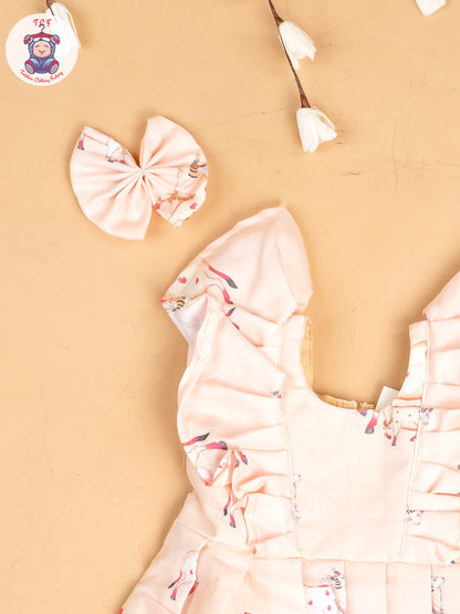 Peach -  Girls Pichwai Cow Printed  Frock With Matching Hair Clip