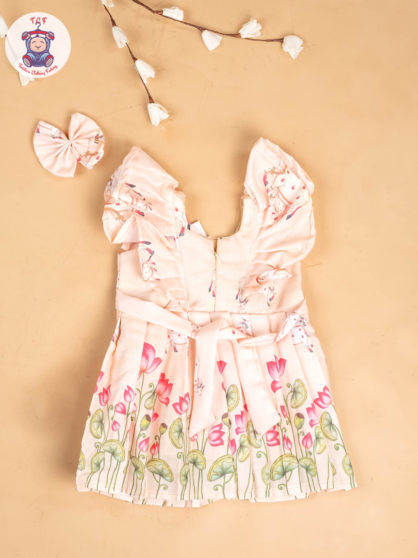 Peach -  Girls Pichwai Cow Printed  Frock With Matching Hair Clip