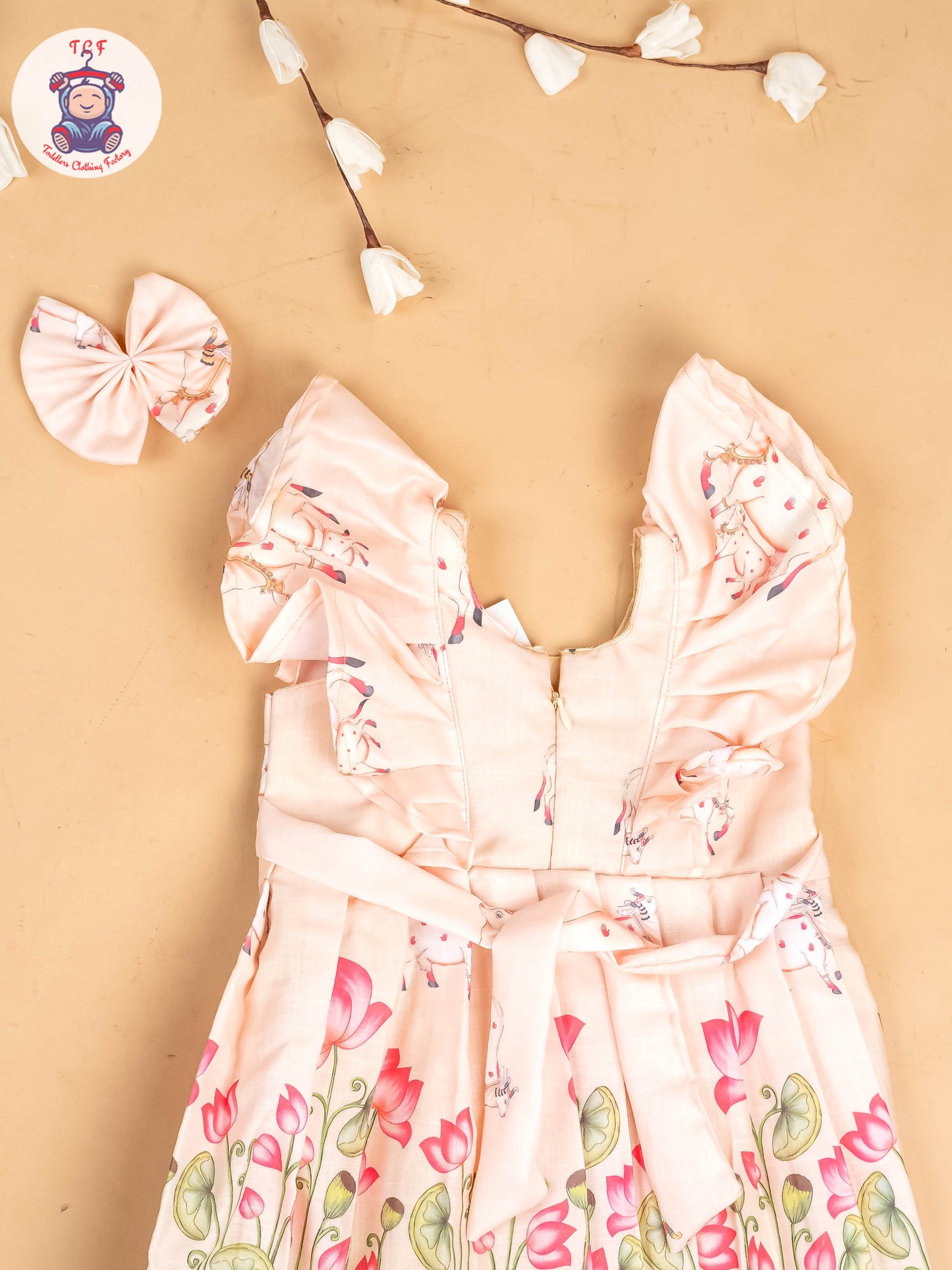 Peach -  Girls Pichwai Cow Printed  Frock With Matching Hair Clip