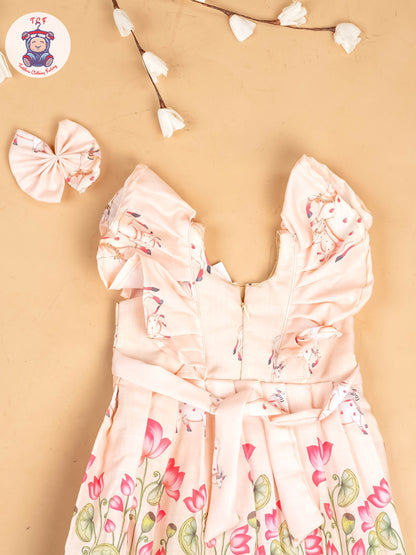 Peach -  Girls Pichwai Cow Printed  Frock With Matching Hair Clip