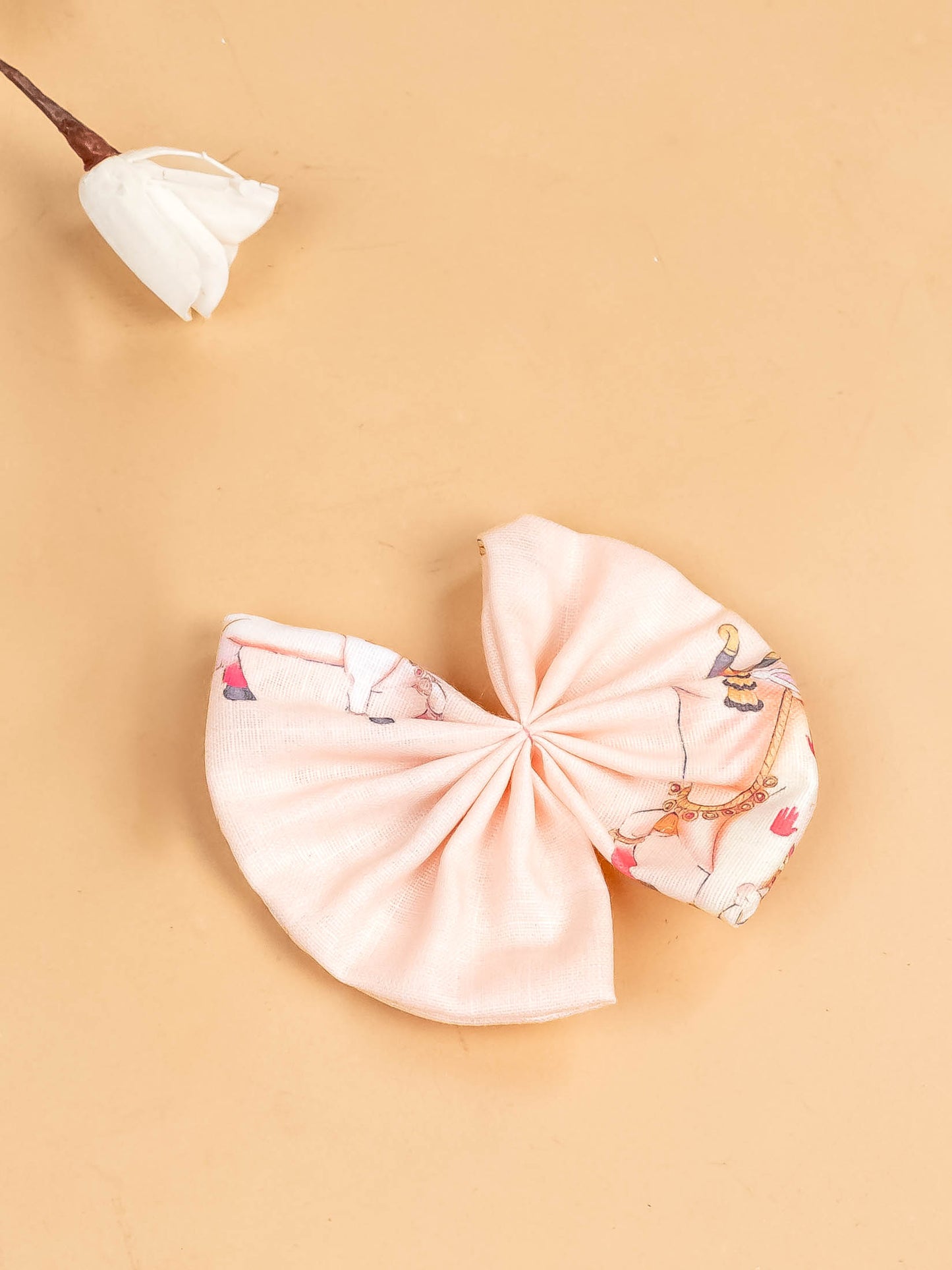 Peach -  Girls Pichwai Cow Printed  Frock With Matching Hair Clip