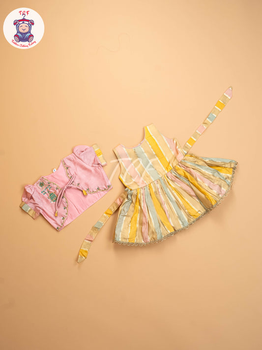 Peach Floral Semi - Silk Frock