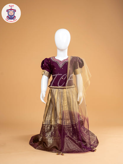 Purple & Sandal Floral Print - Semi Leghanga Choli
