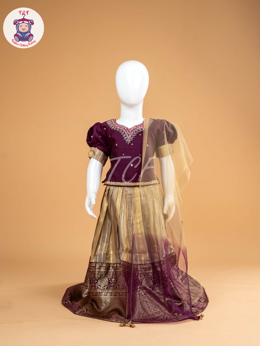 Purple & Sandal Floral Print - Semi Leghanga Choli