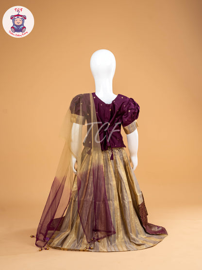 Purple & Sandal Floral Print - Semi Leghanga Choli