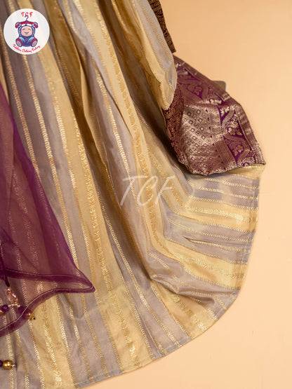 Purple & Sandal Floral Print - Semi Leghanga Choli