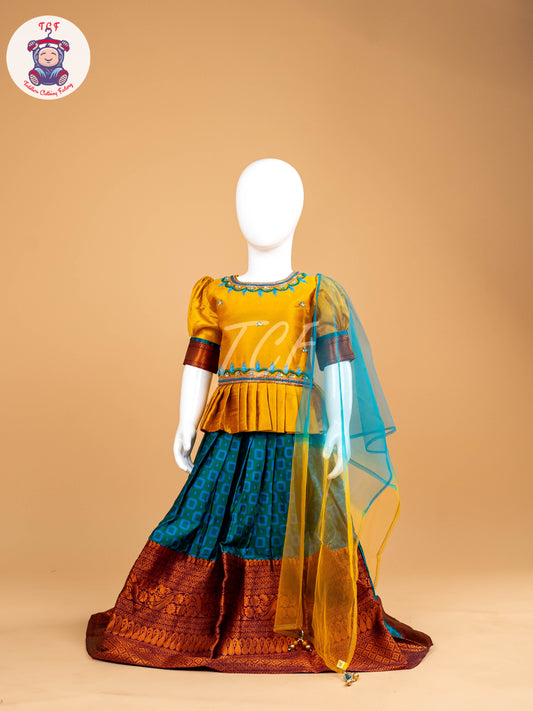 Mustard & Sky Blue Floral Print - Semi Leghanga Choli
