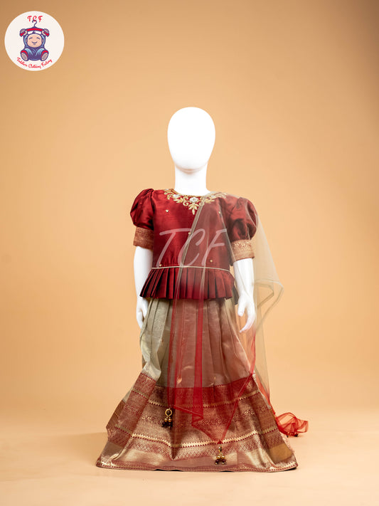 Red & Sandal Floral Print - Semi Leghanga Choli