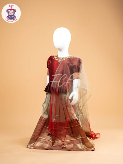 Red & Sandal Floral Print - Semi Leghanga Choli