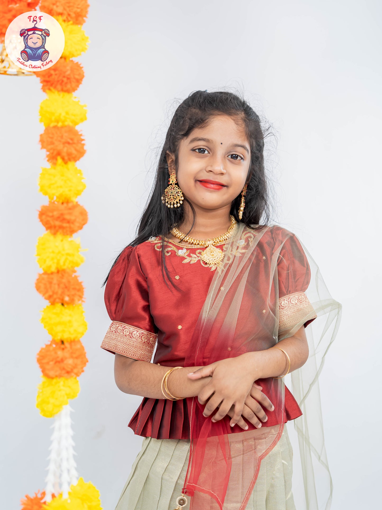 Red & Sandal Floral Print - Semi Leghanga Choli