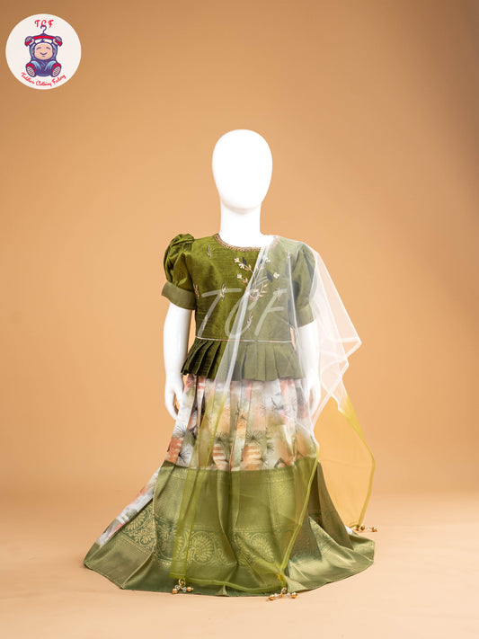 Green Floral Print - Semi Leghanga Choli
