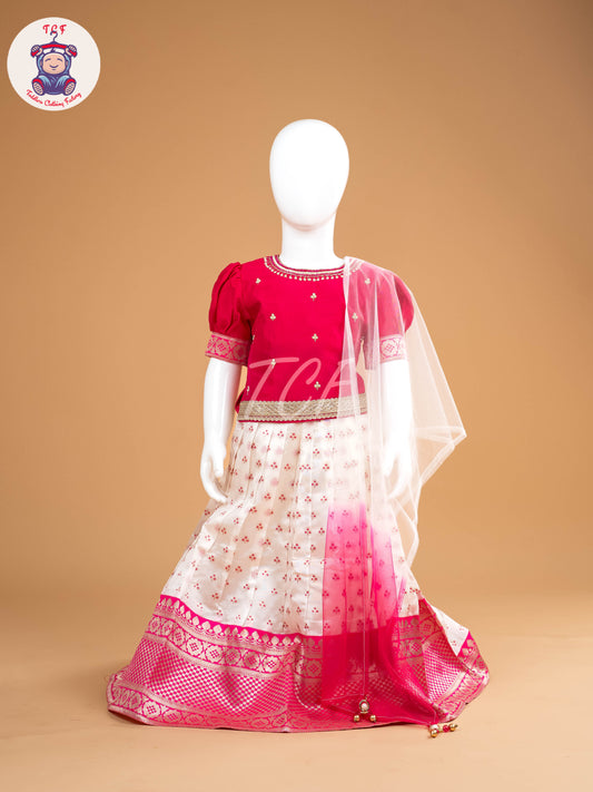 Pink & White Floral Print - Semi Leghanga Choli