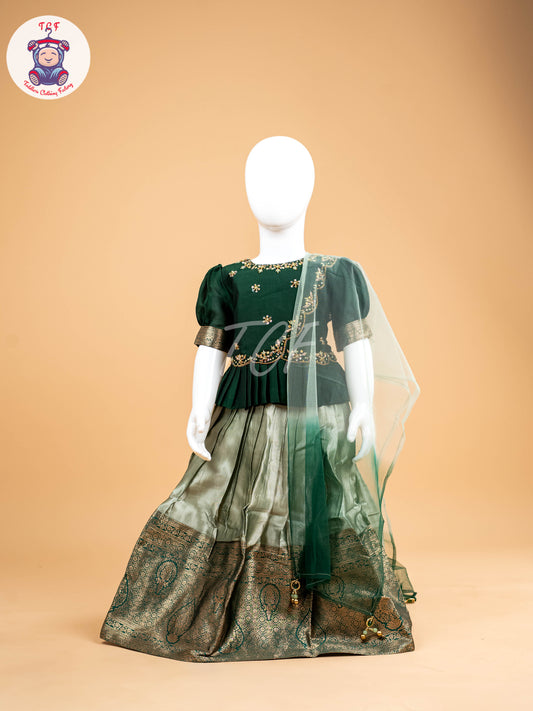 Dark Green & Pastel Green - Semi Leghanga Choli