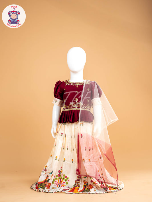 Maroon & Cream - Semi Leghanga Choli