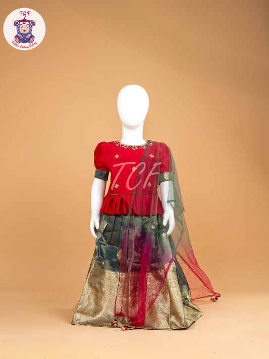Pink & Green Floral Print - Semi Leghanga Choli