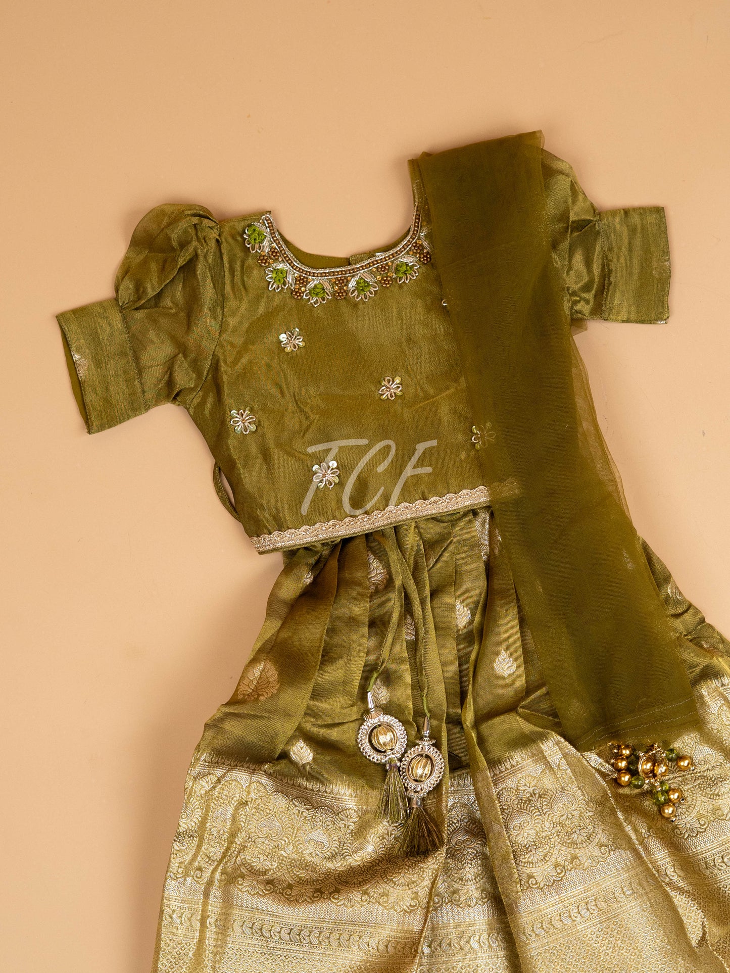 Light Green & Brown - Semi Leghanga Choli