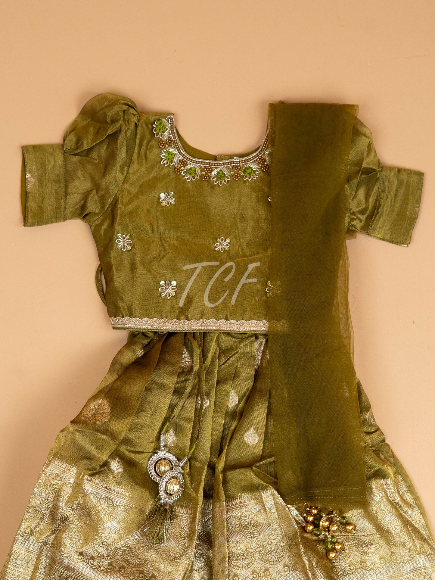 Light Green & Brown - Semi Leghanga Choli