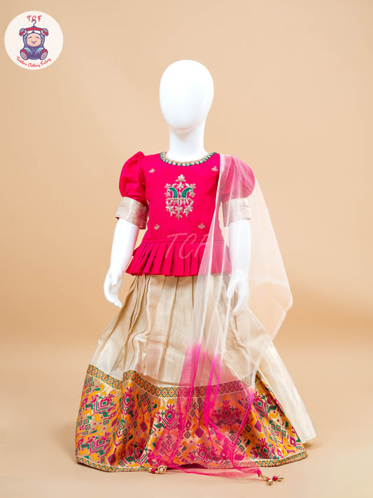 Pink & White Floral Print - Semi Leghanga Choli