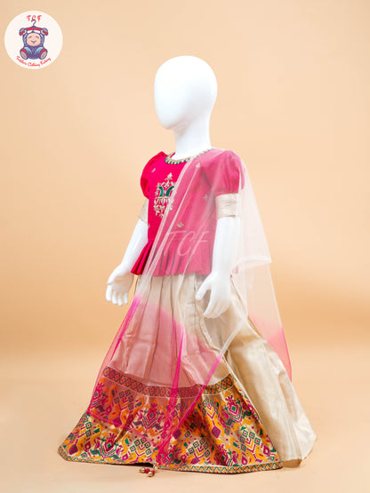 Pink & White Floral Print - Semi Leghanga Choli