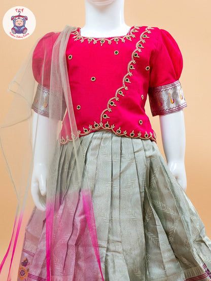 Pink & White Floral Print - Semi Leghanga Choli